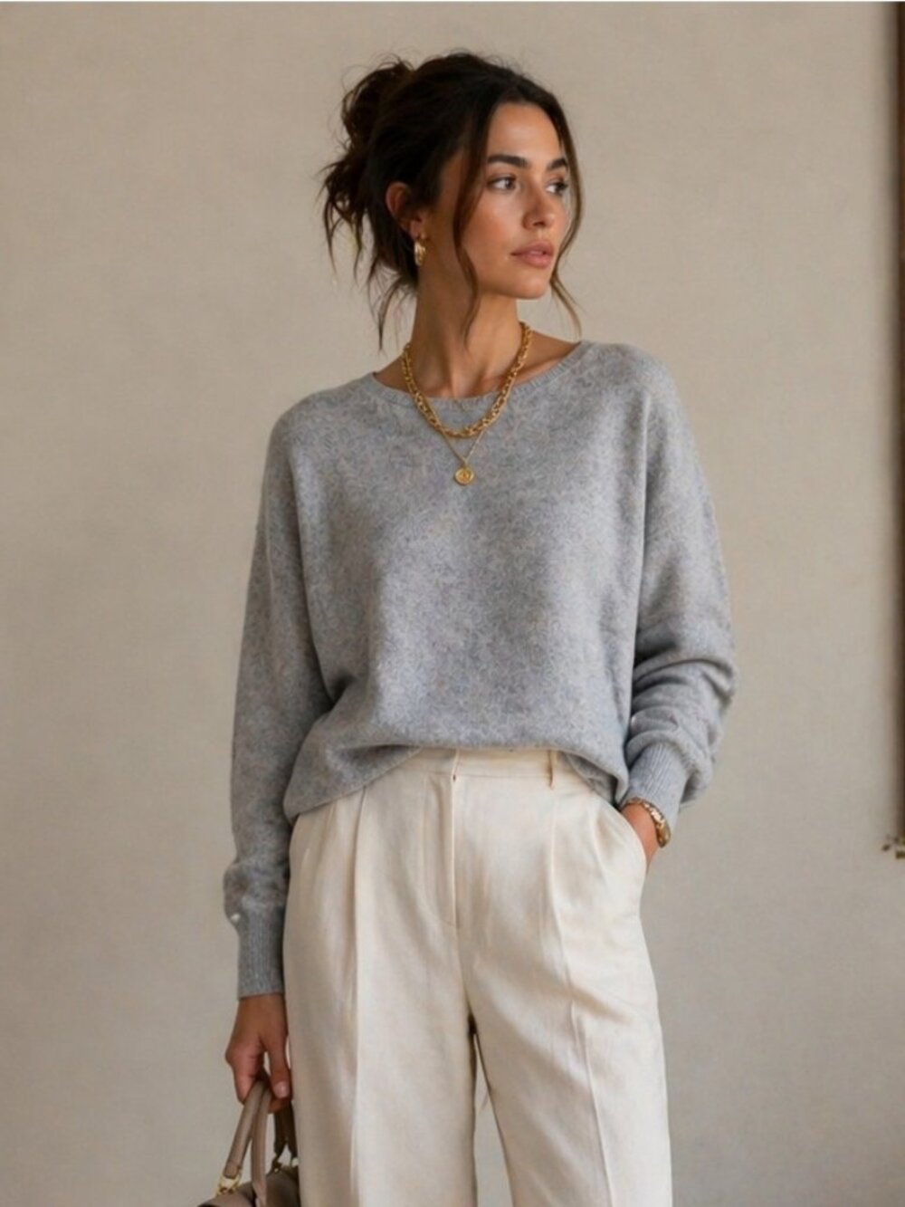 Le Kasha 100% Cashmere Sweater Gray M Women Crewneck Luxury Soft Knit Pullover